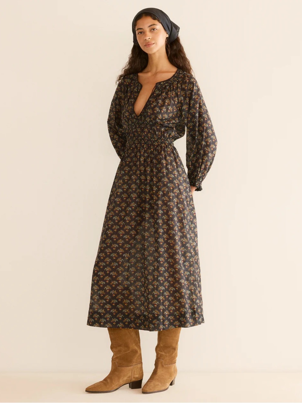 NWT Doen Delfina Cotton Tie Long Sleeve Midi Maxi Dress Delphinium Floral Black